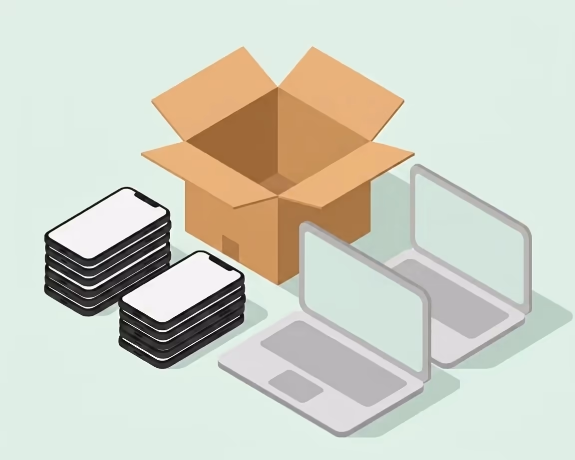 Stacks of smartphones and laptops beside an open shipping box