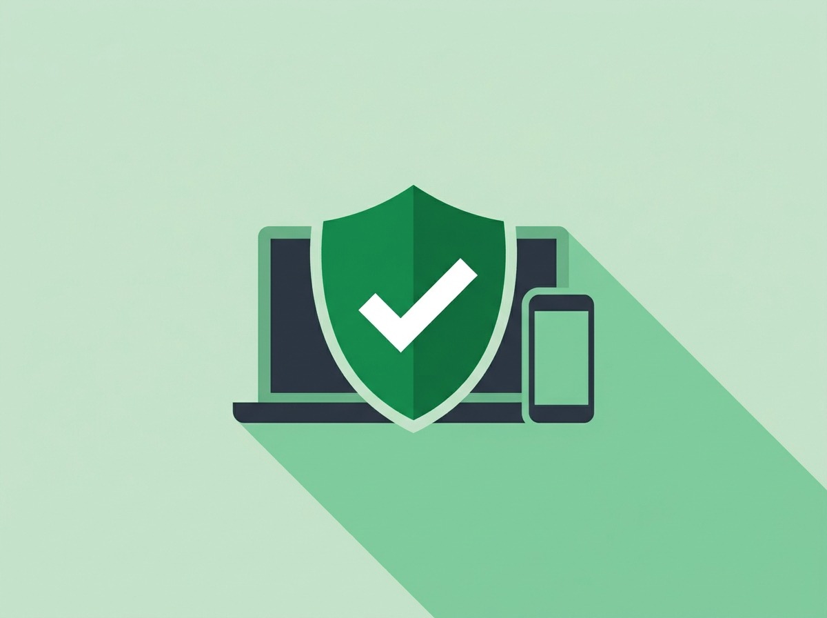 Illustration of a shield with a checkmark in front of a laptop and a phone