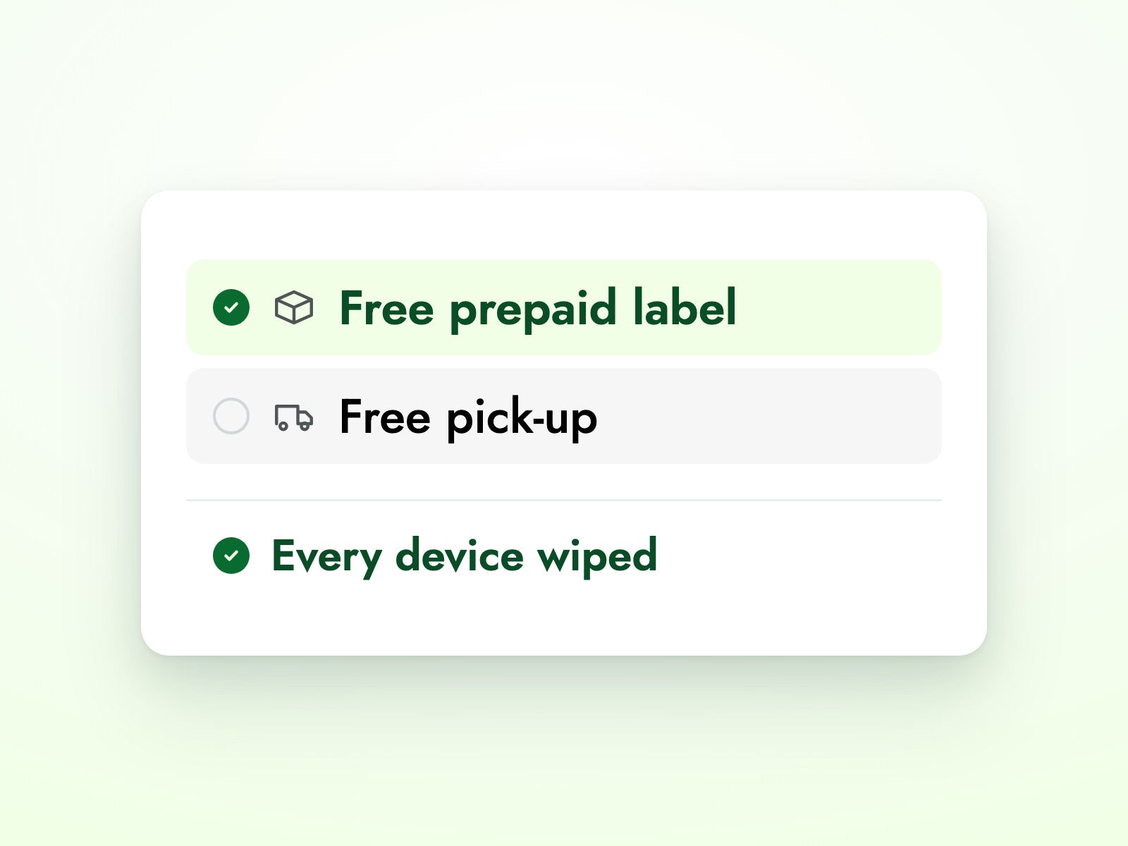 Collection options with a free prepaid label selected, and confirmation that every device is wiped