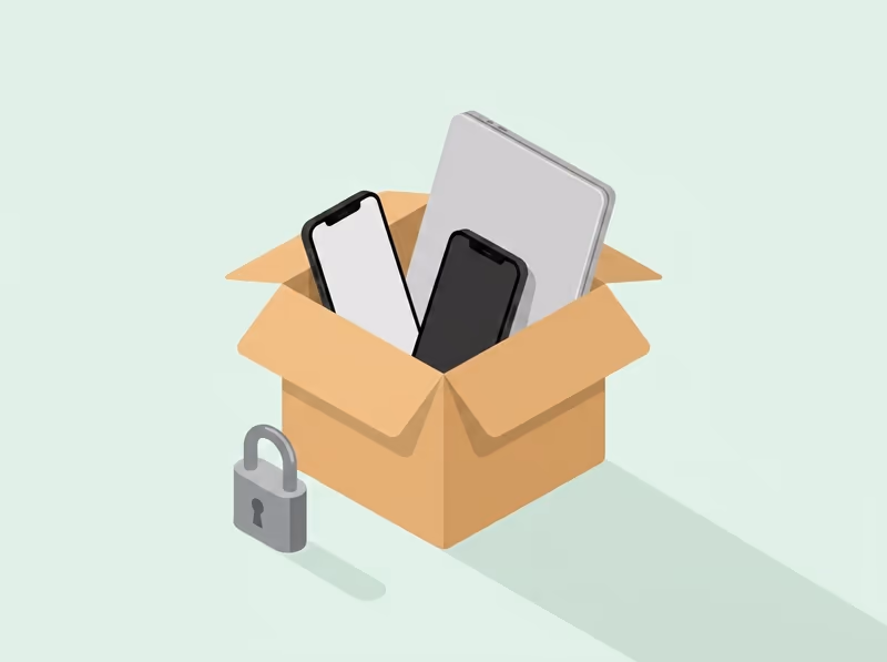 Open shipping box with phones and a laptop beside a padlock