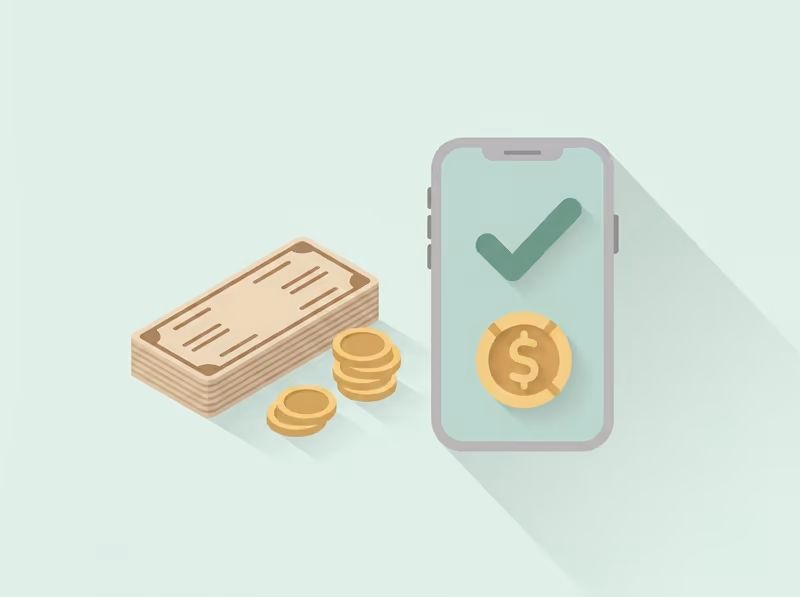 Banknotes and coins beside a smartphone