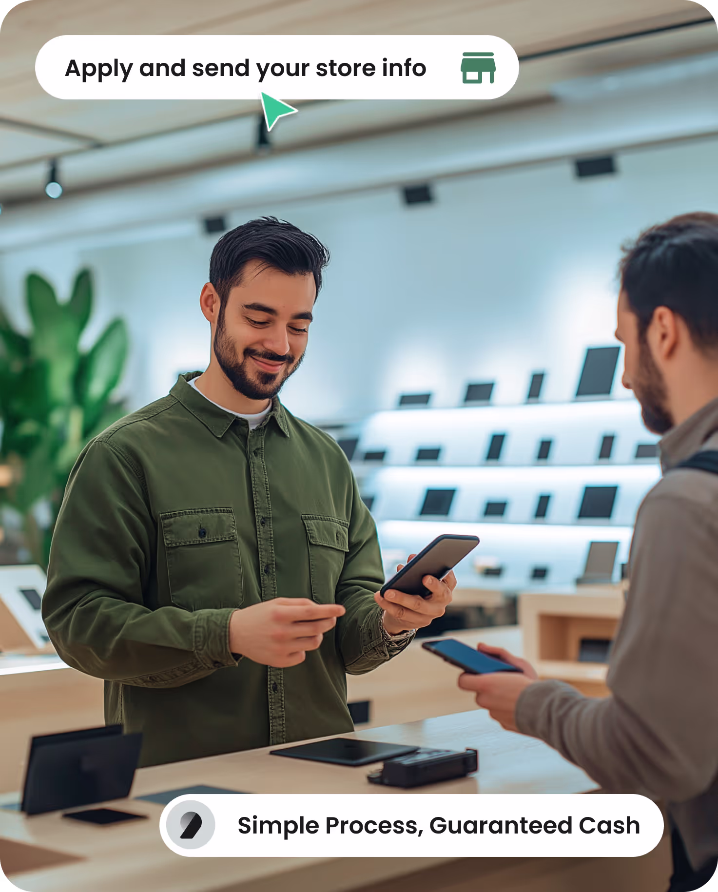 Buyer at physical store reviewing trade-in item