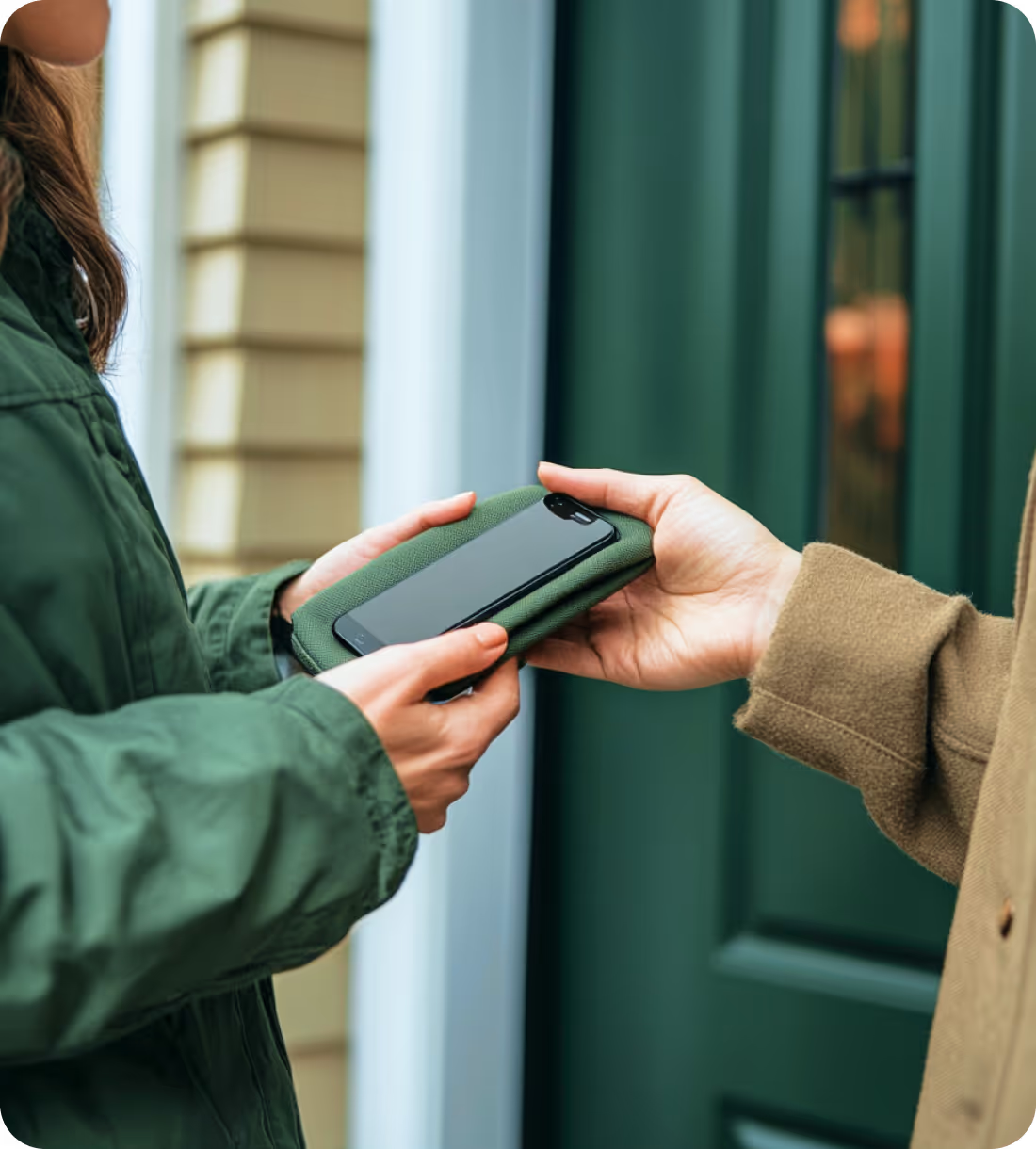 Courier picking up a trade-in item from a seller