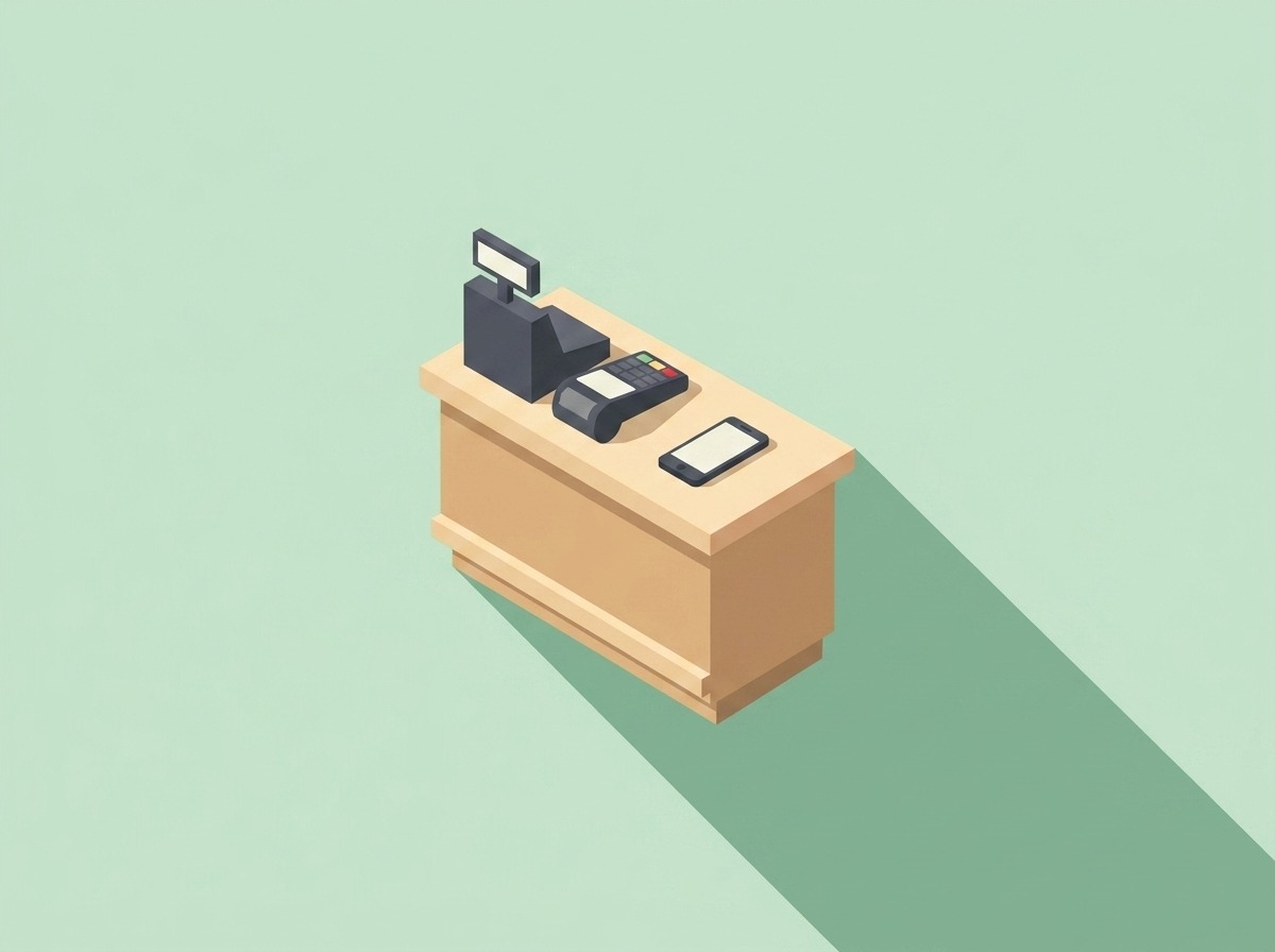Illustration of a shop counter with a card payment terminal and a smartphone