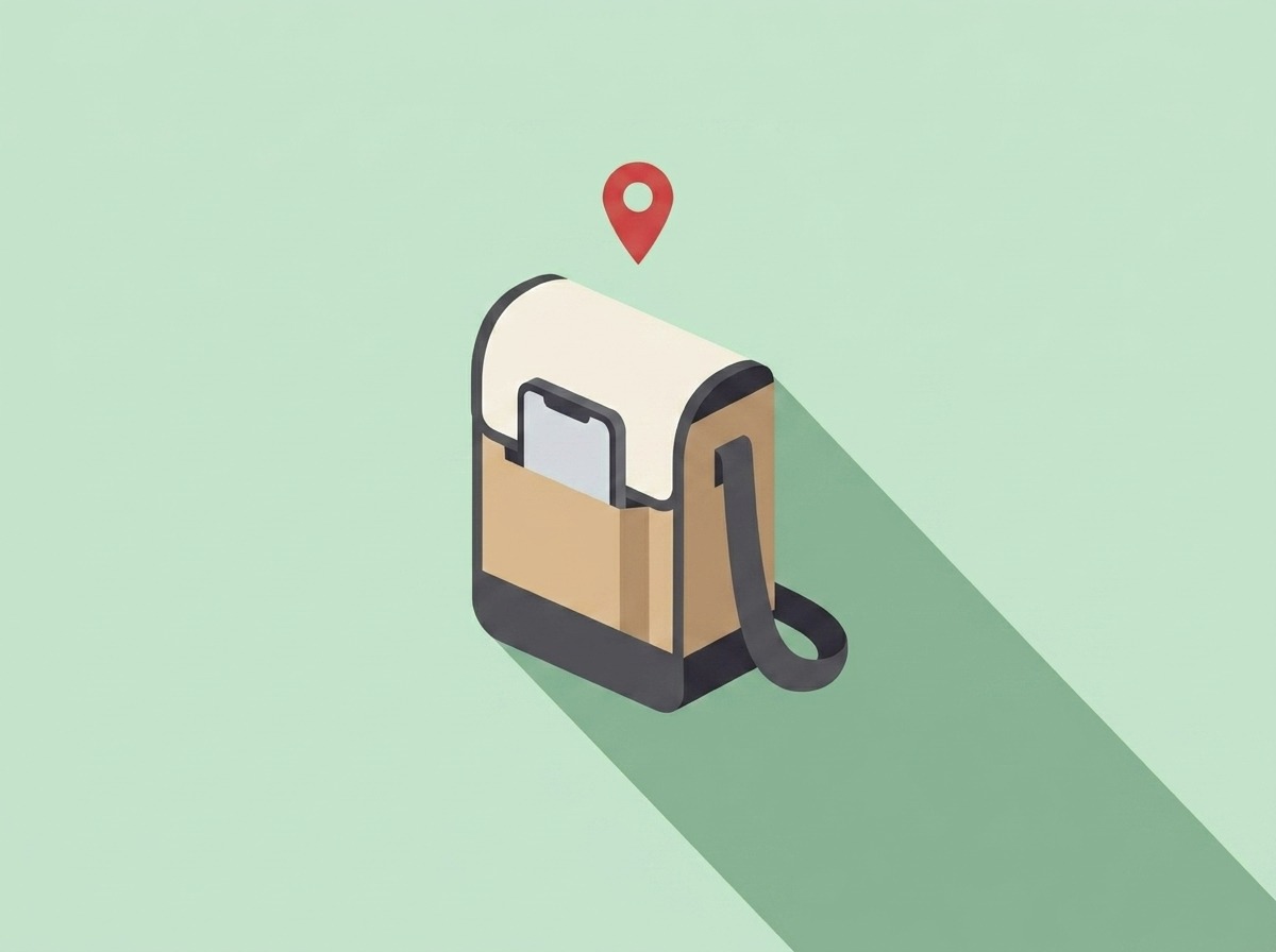 Illustration of a courier shoulder bag with a smartphone and a location pin above it