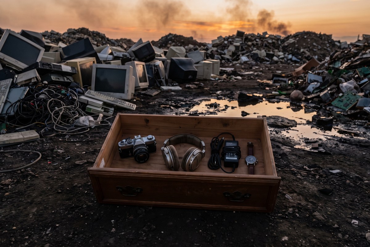 An open wooden drawer holding a film camera, headphones, a laptop charger and a wristwatch, sitting in an electronic-waste dump at dusk