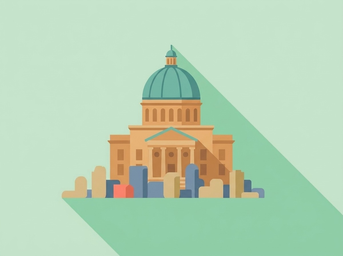 A domed heritage courthouse beside a park gazebo, Brampton, illustrated