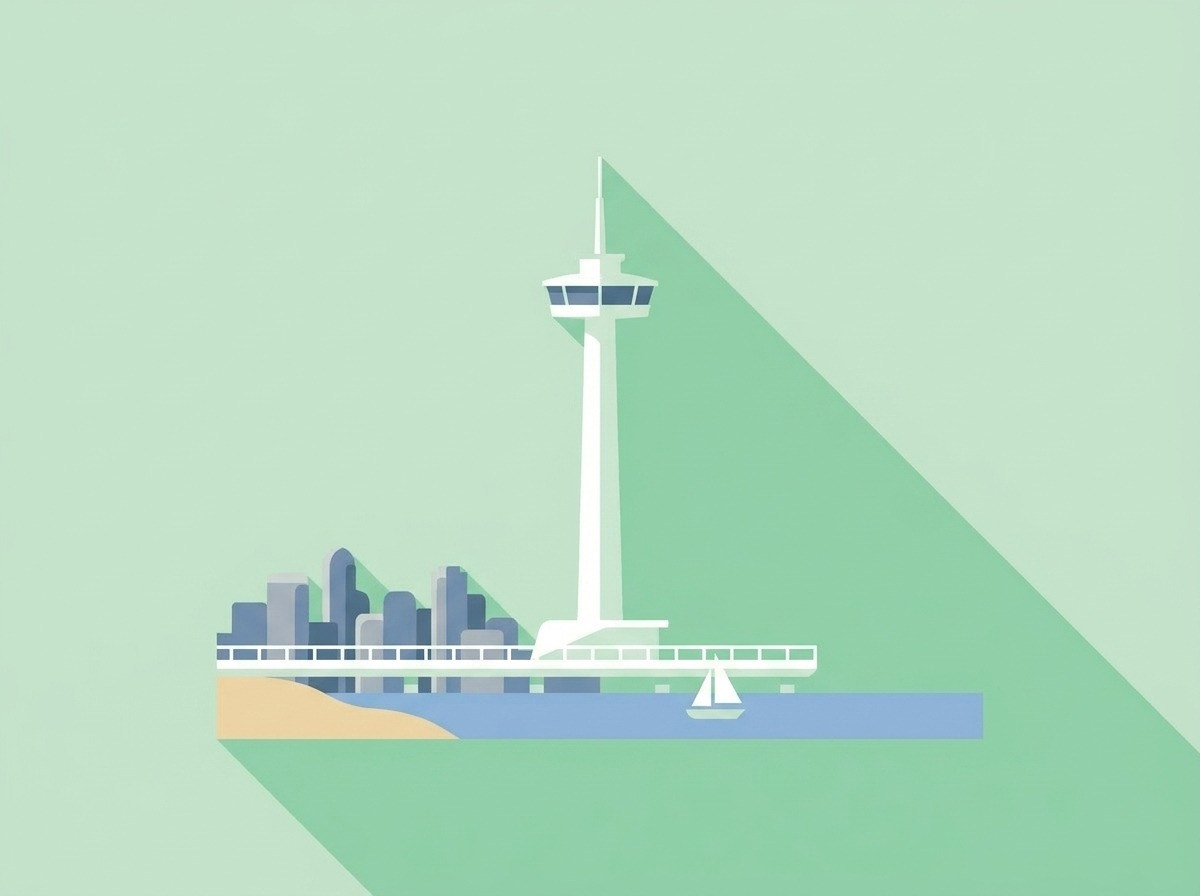 A lakeside pier with a lookout tower on calm water, Burlington, illustrated