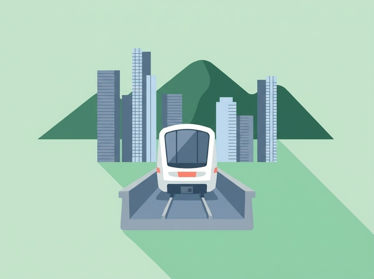 A SkyTrain passing glass towers with a mountain behind, Burnaby, illustrated