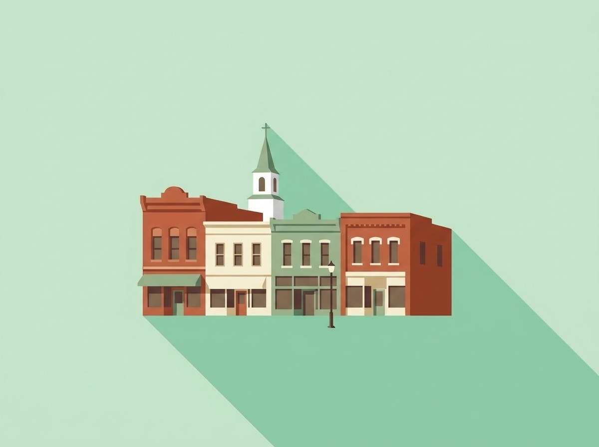Historic main street shops and a white church steeple, Markham, illustrated