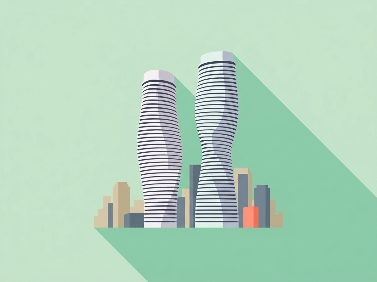 The twisting Absolute World towers over a small Mississauga skyline, illustrated