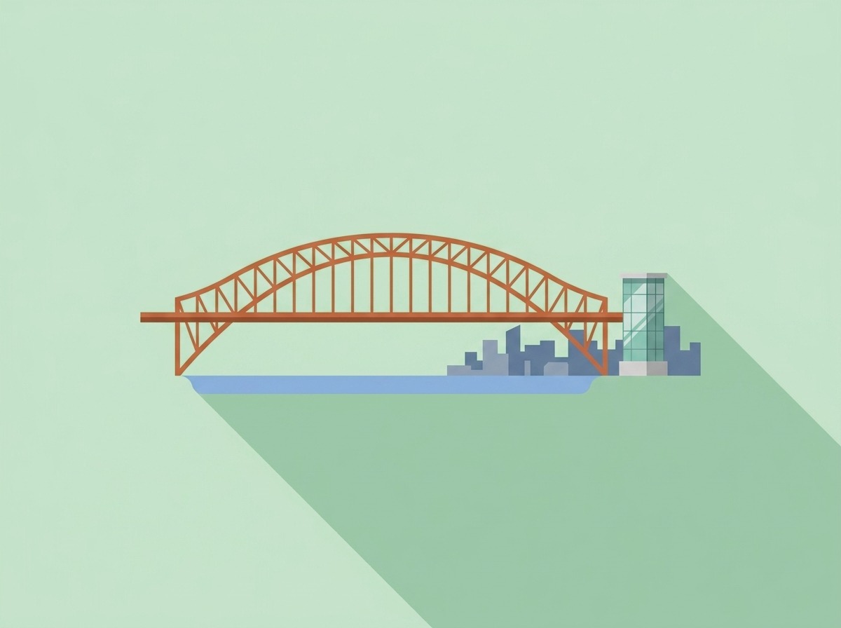 A steel arch bridge over a wide river beside a glass tower, Surrey, illustrated
