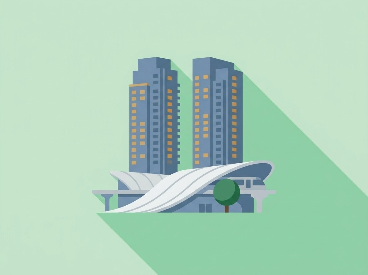 A curved glass transit hub under new towers, Vaughan, illustrated
