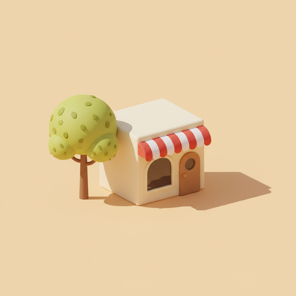 Friendly storefront with striped awning and a tree