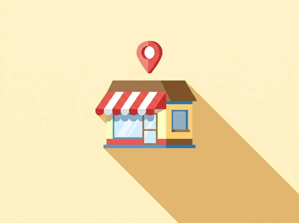 Illustration of a storefront with a striped awning and a location pin above it