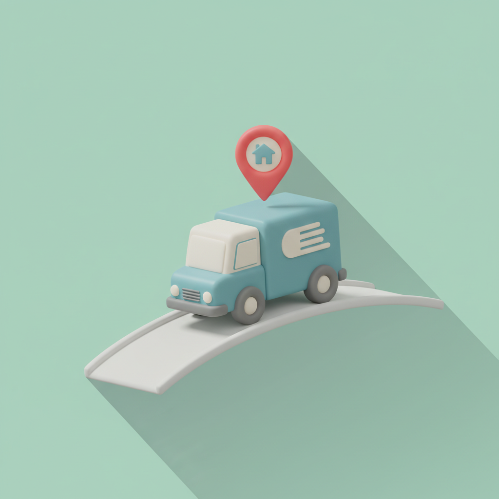 Delivery courier van with a location pin floating above
