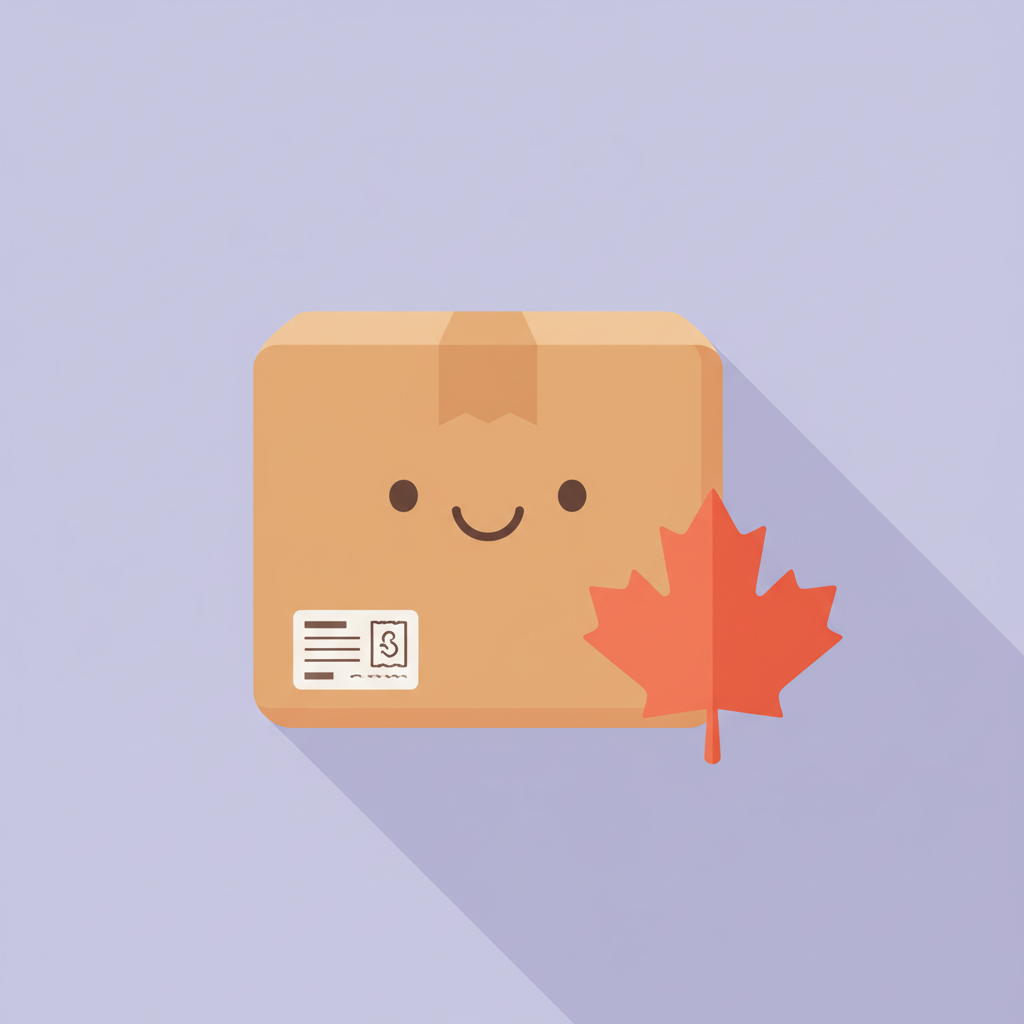 Cardboard shipping box with prepaid label and a maple leaf