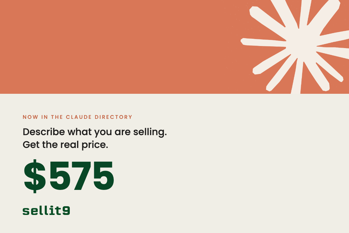 Claude's radiating mark on a clay field beside a SELLIT9 price of $575, under the line describe what you are selling and get the real price