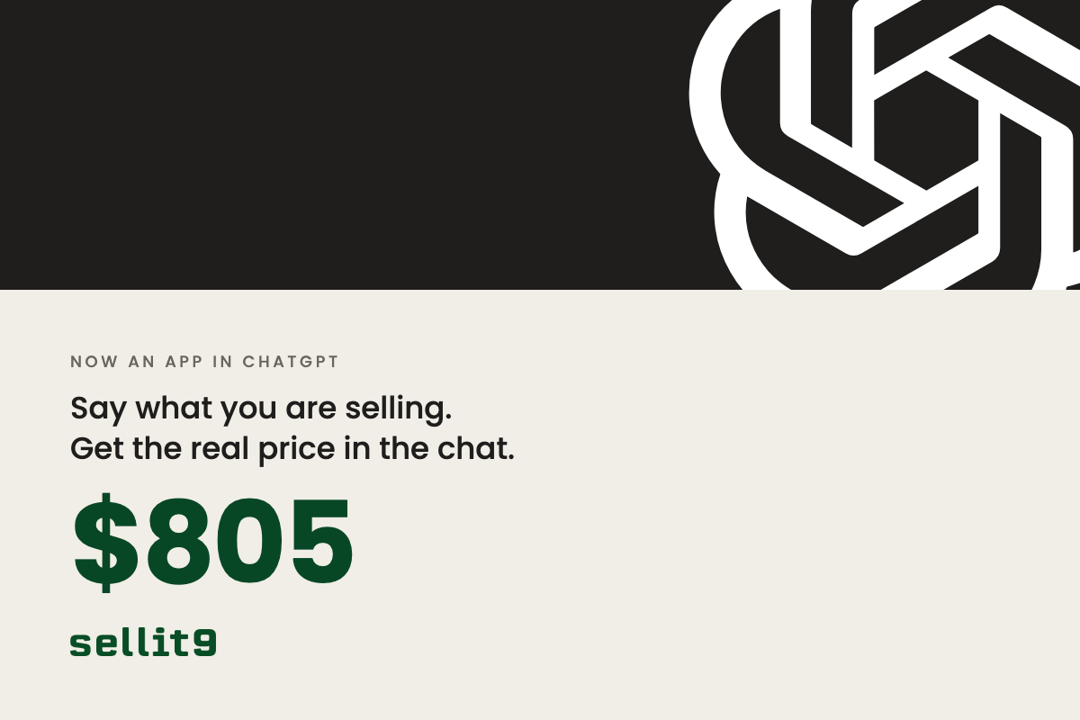 A dark band carrying the OpenAI mark above a cream panel reading Say what you are selling, Get the real price in the chat, with a SELLIT9 price of 805 dollars