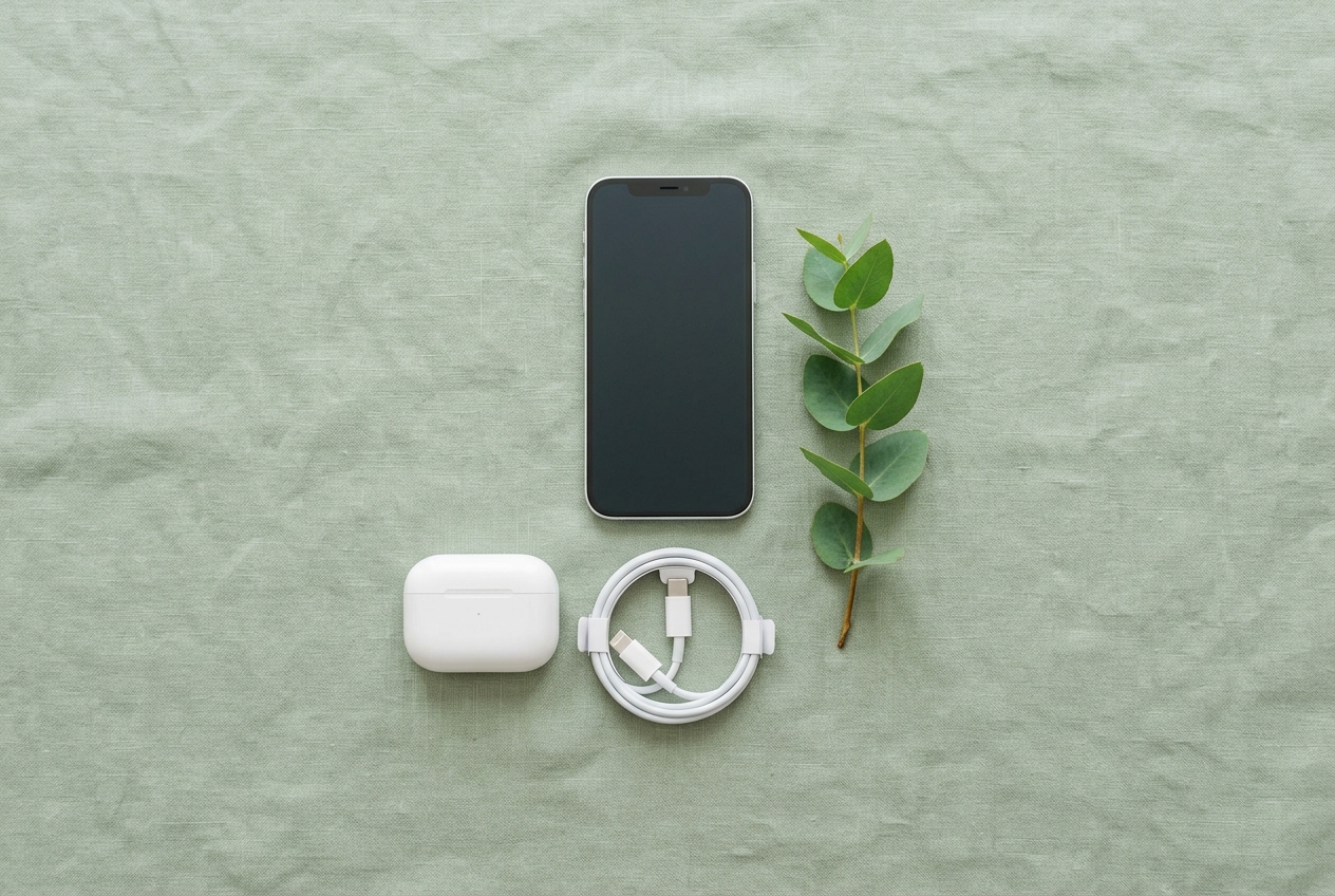 iPhone, earbuds and eucalyptus leaf on a sage green background — SELLIT9 Earth Day trade-in