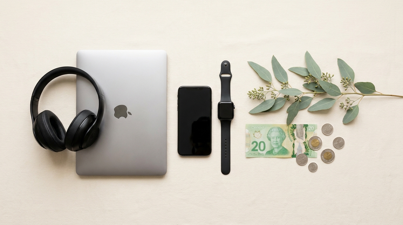 Flat-lay of headphones, a MacBook, an iPhone, an Apple Watch, a Canadian 20 dollar bill with coins, and a eucalyptus sprig on a soft cream linen background — representing the items SELLIT9 helps customers trade in