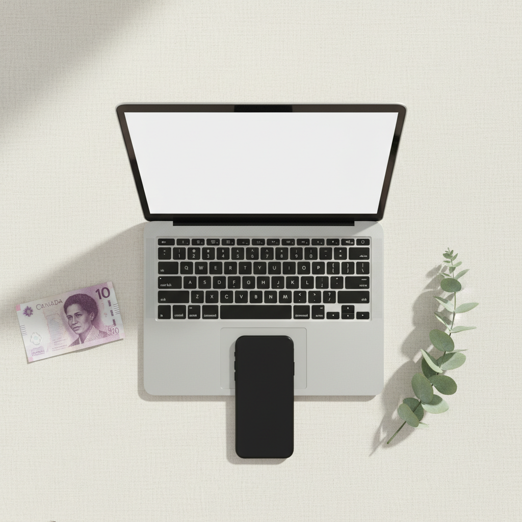 Centered flat-lay of a MacBook, iPhone, Canadian banknote, and eucalyptus sprig on a soft cream linen background — SELLIT9 trade-in items