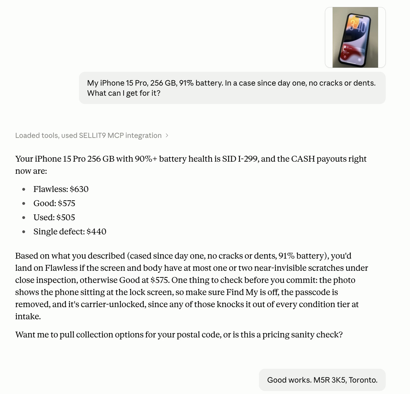 Claude showing the four SELLIT9 condition prices for a 256GB iPhone 15 Pro