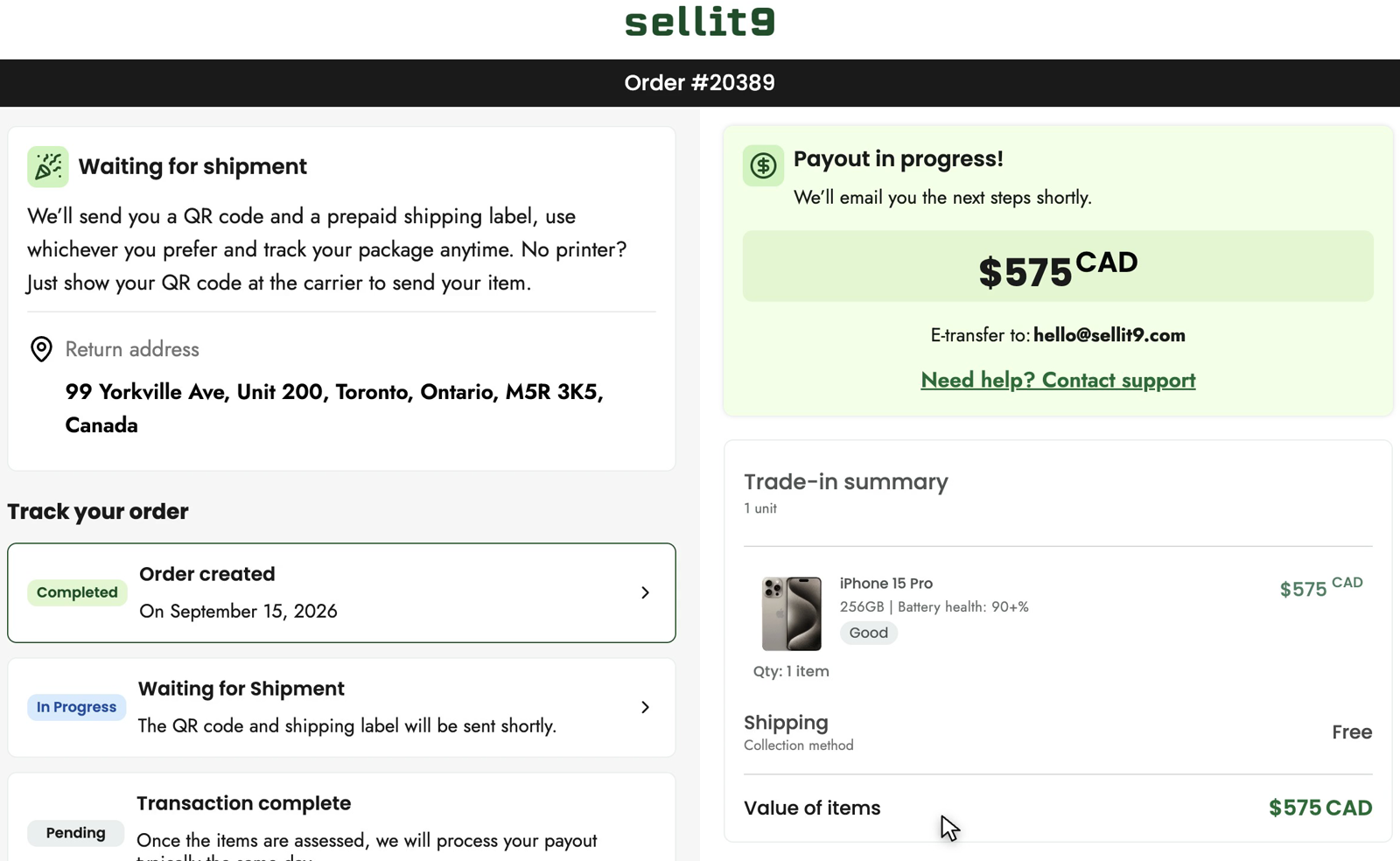 The SELLIT9 confirmation page for order 20389, a $575 payout by Interac e-Transfer