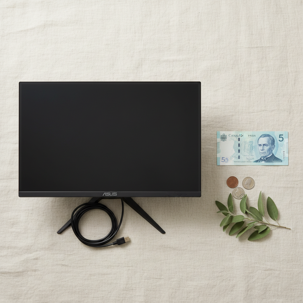 Flat-lay of a black ASUS gaming monitor and coiled cable with a Canadian $5 bill, coins and eucalyptus on a cream linen background