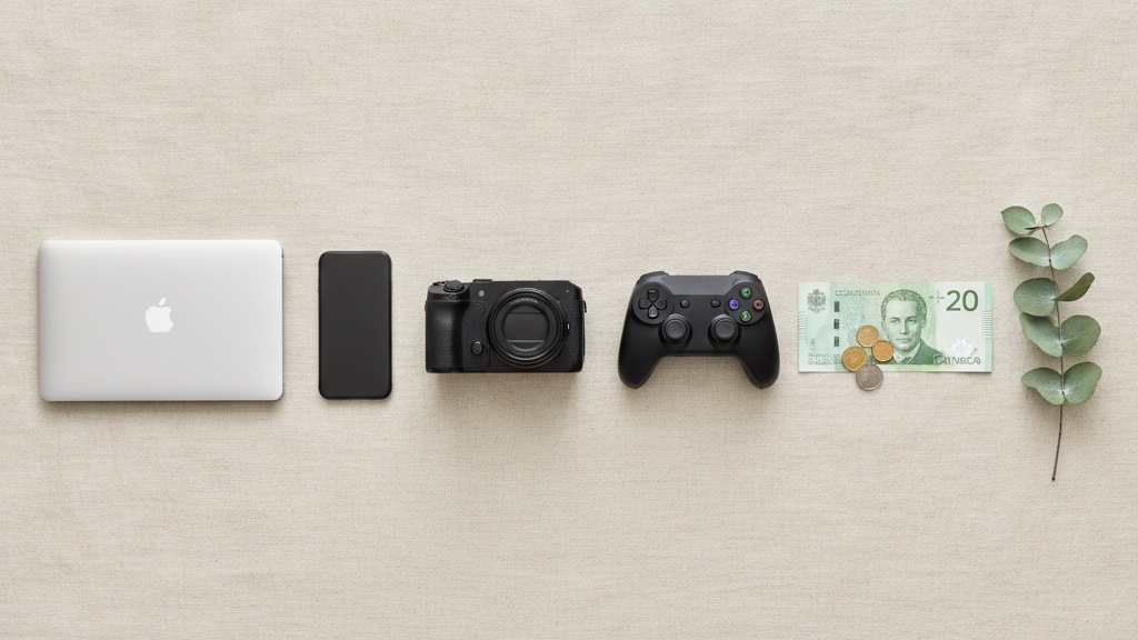 Flat-lay of a laptop, smartphone, camera and game controller beside a Canadian twenty-dollar bill, coins and a eucalyptus sprig on a soft cream linen background