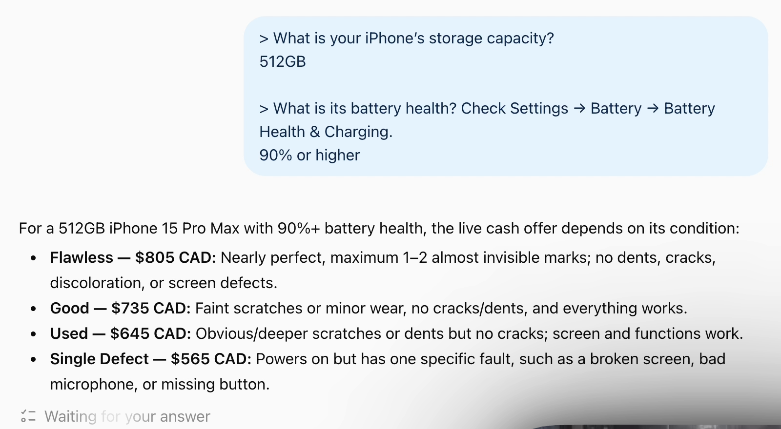 ChatGPT showing four condition prices for a 512GB iPhone 15 Pro Max