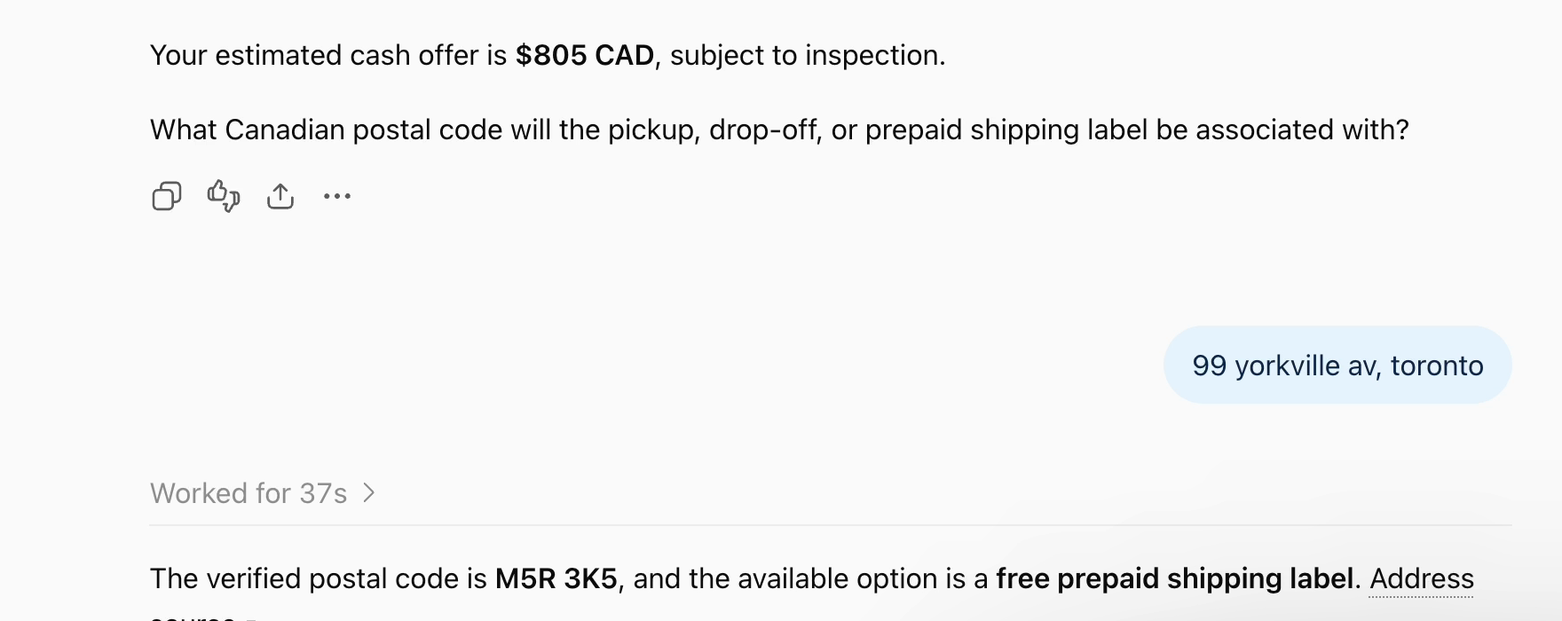 ChatGPT confirming a Toronto postal code and a free prepaid shipping label