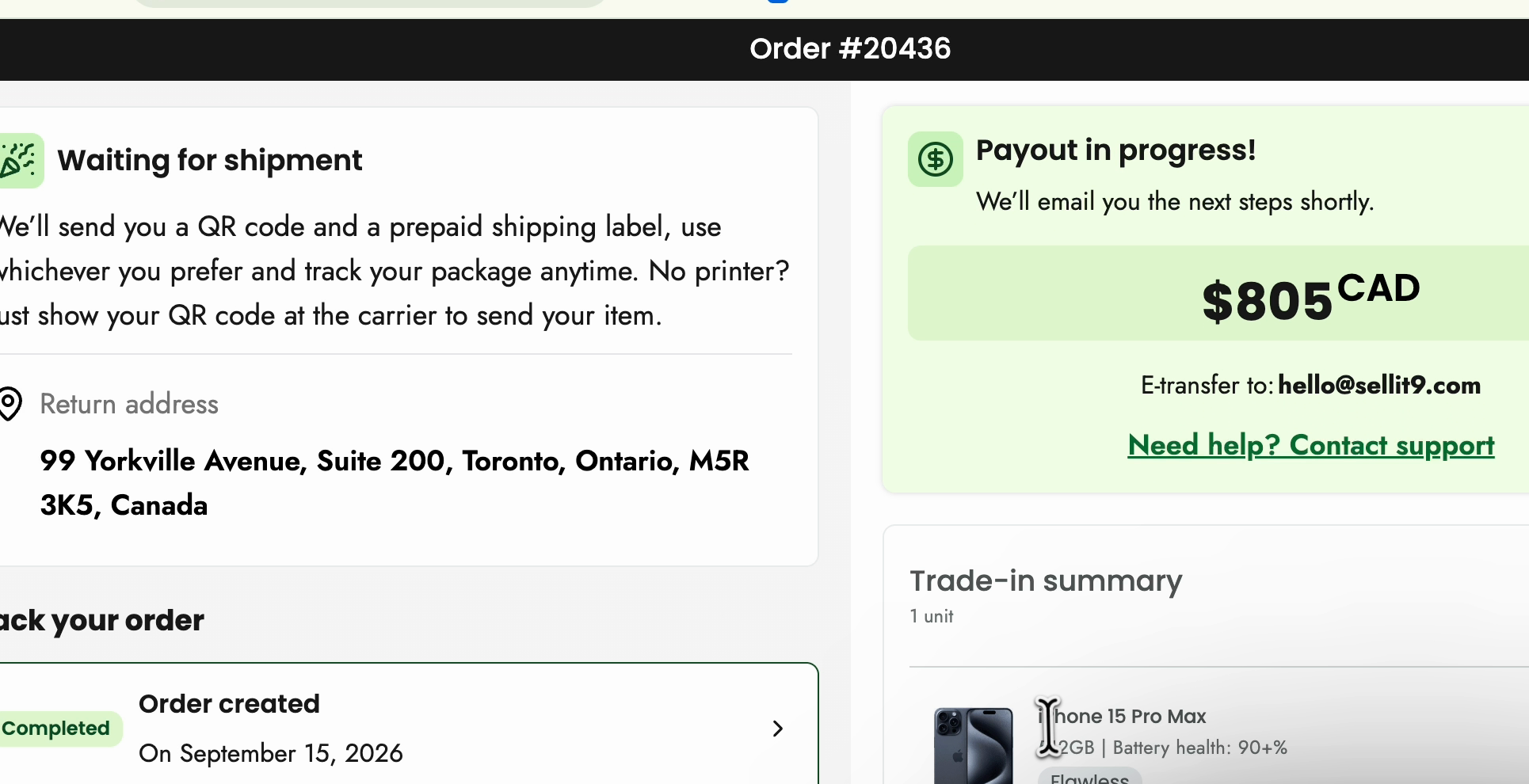 The SELLIT9 order page showing order 20436 waiting for shipment and a payout in progress