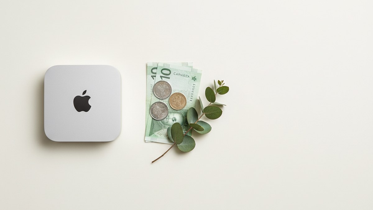 Apple Mac mini beside Canadian dollar bills, coins, and a sprig of eucalyptus on a clean white background