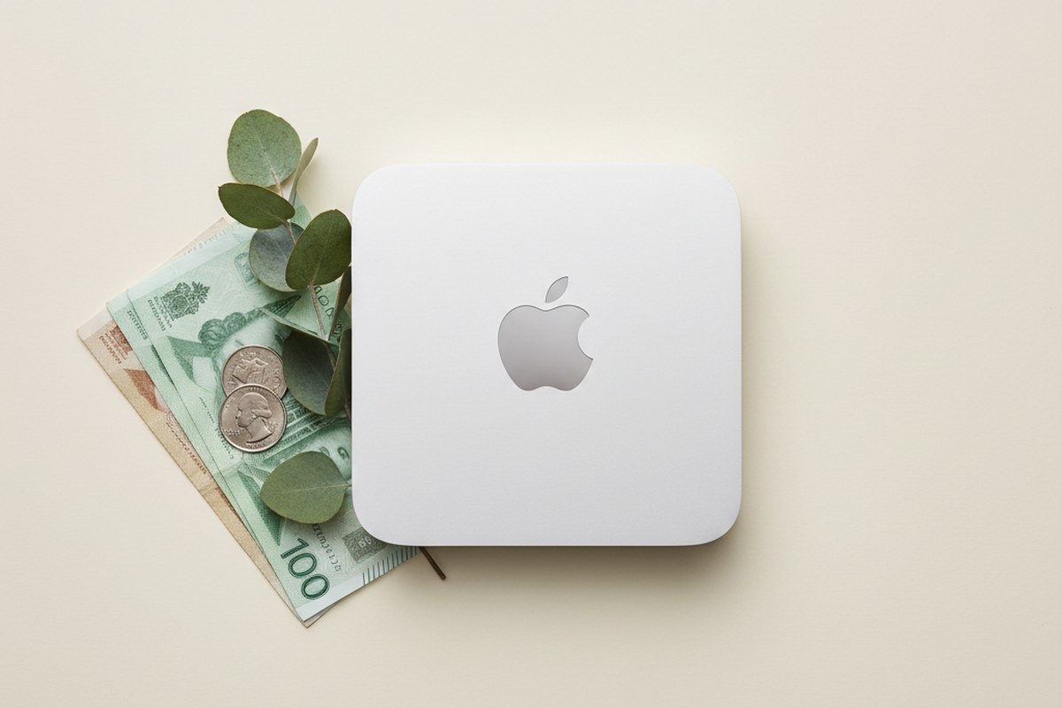 Apple Mac mini centered beside Canadian dollar bills, coins, and eucalyptus leaves