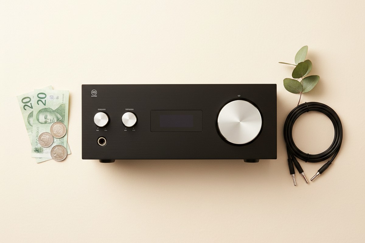 Matte-black integrated amplifier with silver volume knob centered between Canadian dollars and an audio cable with eucalyptus