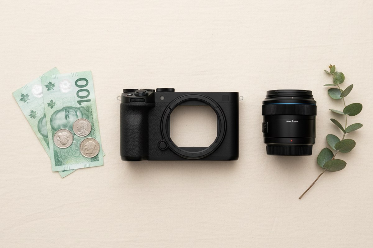 Modern mirrorless camera body centered between Canadian dollar bills and a lens with eucalyptus leaves