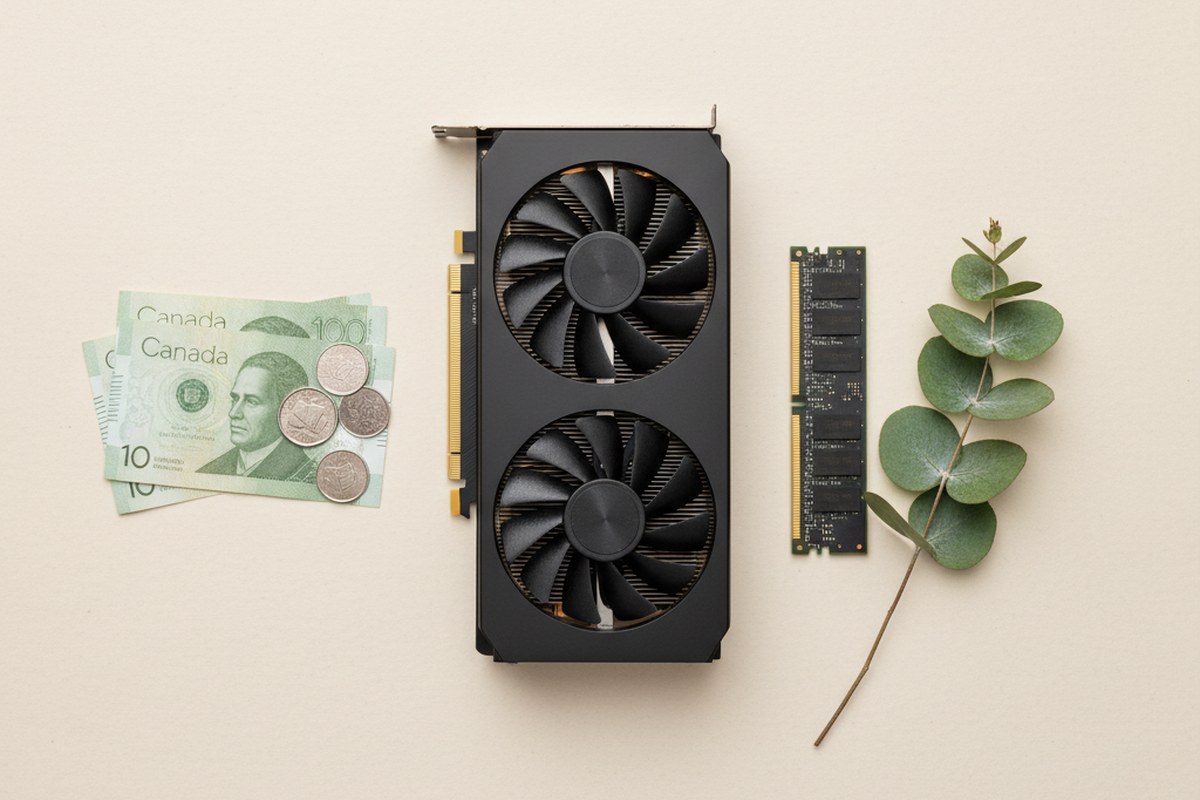 Black dual-fan GPU centered between Canadian dollars and a RAM stick with eucalyptus