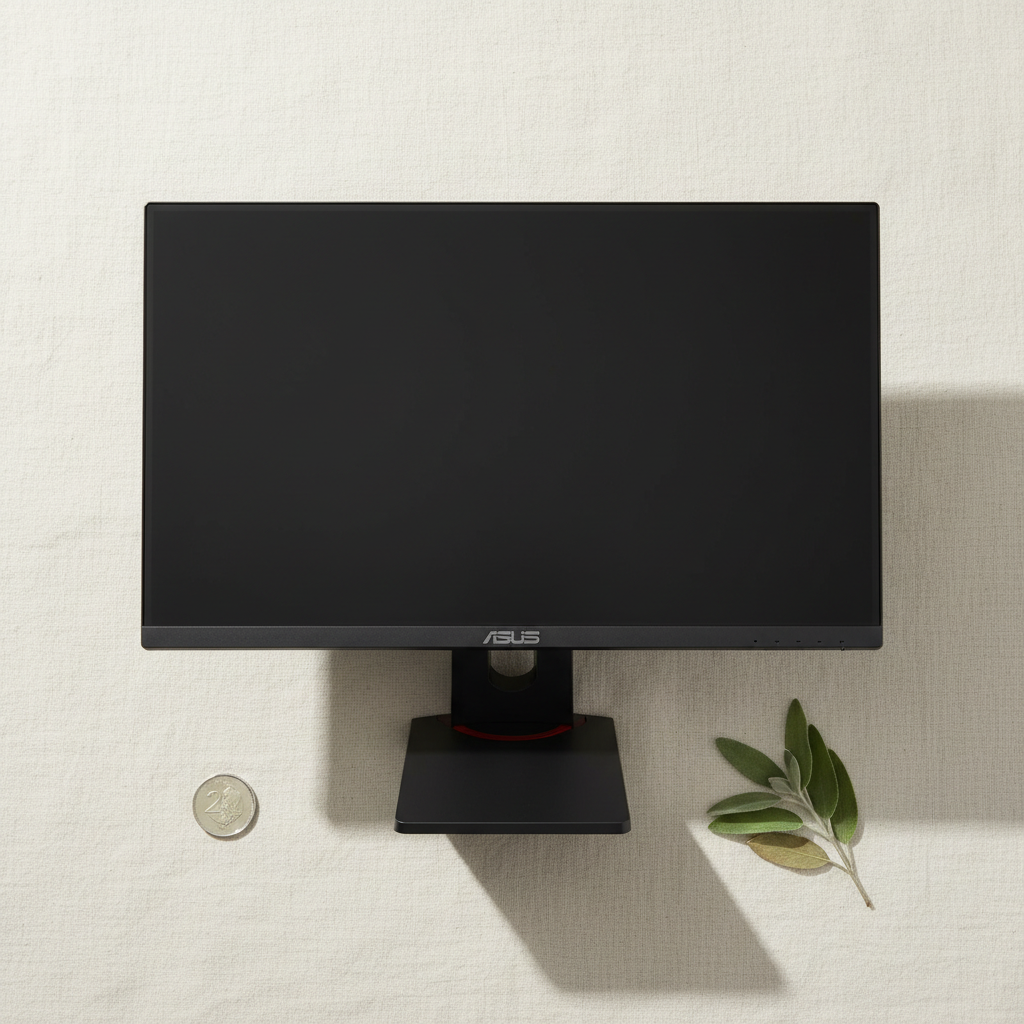 Black ASUS gaming monitor centered with a Canadian coin and eucalyptus sprig on a cream linen background